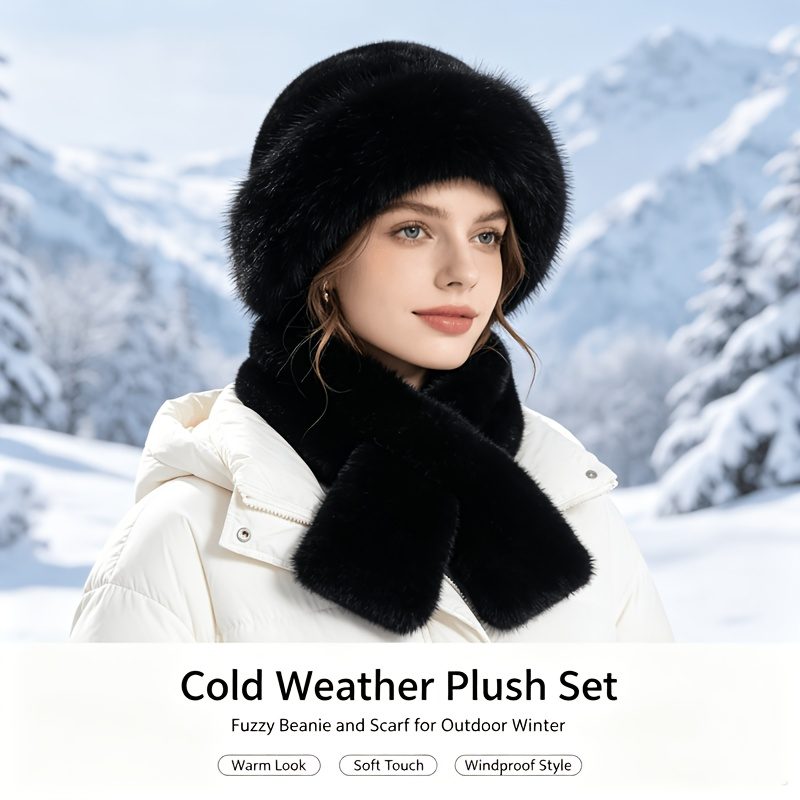Cadeau de Noël pour femme, ensemble bonnet et écharpe imitation beige, kit d'accessoires doux, moelleux et pelucheux pour temps froid, couvre-chef et cou élégant et tendance pour costume d'Halloween, voyage en plein air, assortiment quotidien, cadeau de fête idéal pour les tenues d'hiver des femmes · photo 8