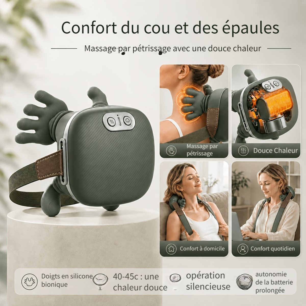 Masseur d'épaule et de dos bionique à quatre doigts, rechargeable par USB et portable. Compact et léger pour un transport facile, convient pour une position assise prolongée au travail, la détente à la maison, les voyages et les déplacements professionnels. Simule le pétrissage et la pression de · photo 5