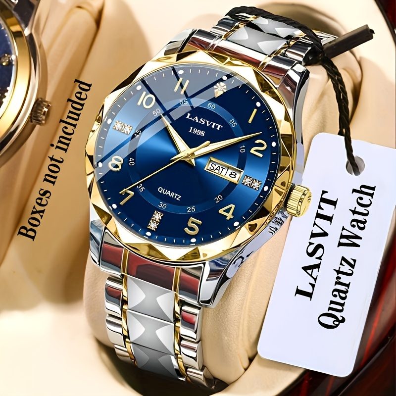 Montre d'affaires décontractée de luxe pour hommes avec date et chronographe, boîtier et cadran en acier inoxydable - Résistance à l'eau 3 ATM, mouvement à quartz, cadran et aiguilles dorées · photo 2