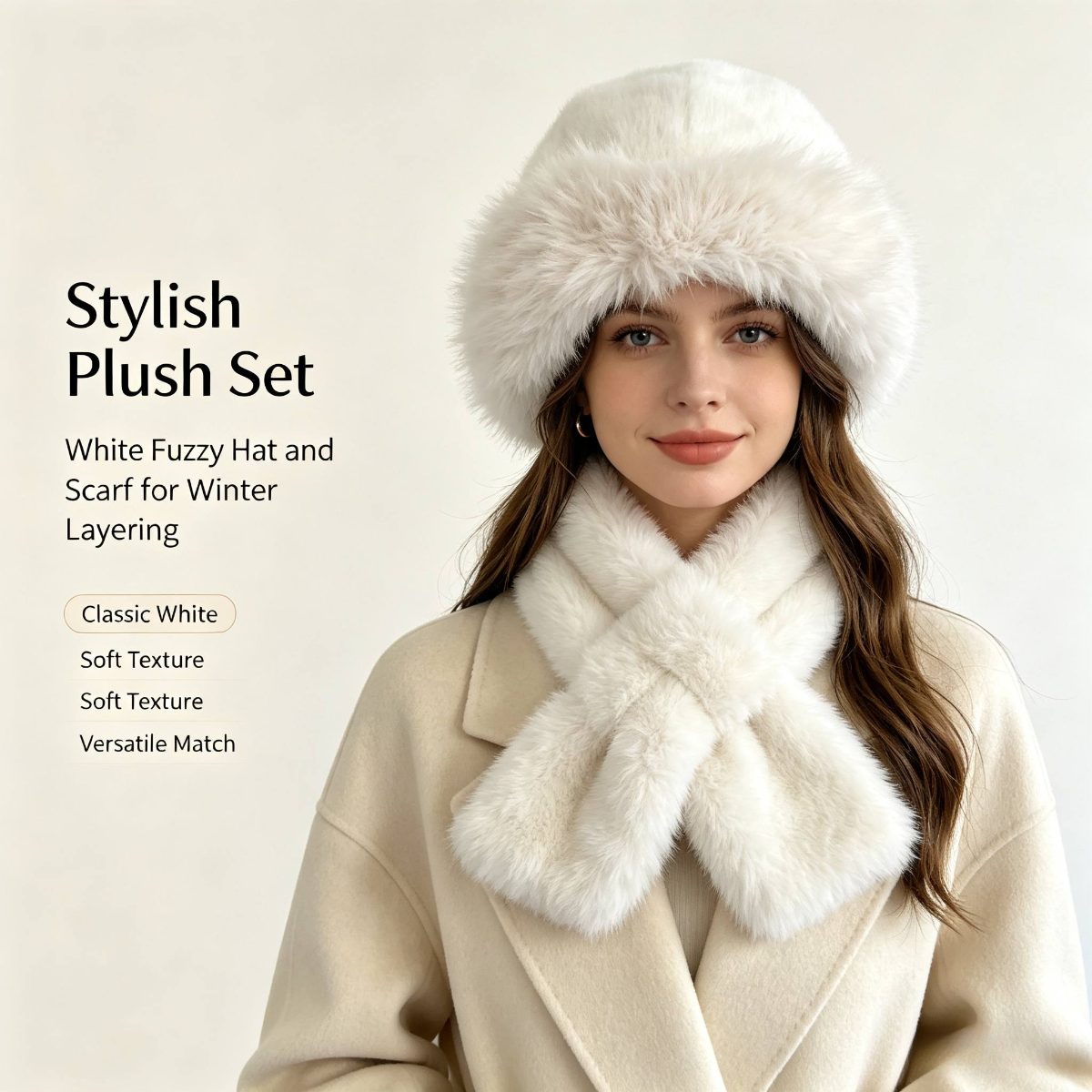 Cadeau de Noël pour femme, ensemble bonnet et écharpe imitation beige, kit d'accessoires doux, moelleux et pelucheux pour temps froid, couvre-chef et cou élégant et tendance pour costume d'Halloween, voyage en plein air, assortiment quotidien, cadeau de fête idéal pour les tenues d'hiver des femmes · photo 9
