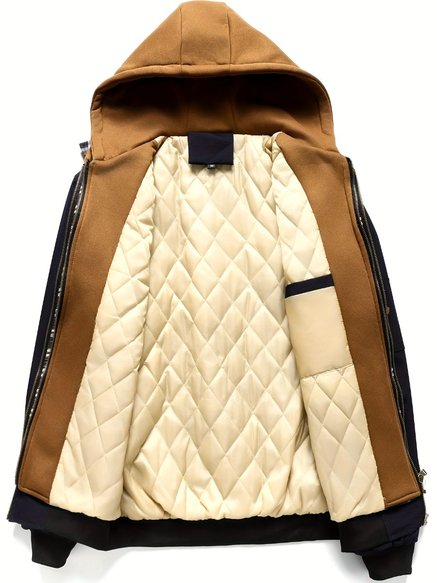 Veste à capuche zippée à carreaux pour homme, coupe ample décontractée, motif marron et à carreaux, capuche avec cordon, manches longues, doublée, idéale pour le printemps, l'automne et l'hiver, veste d'automne hiver, veste à motif carreaux, veste zippée · photo 3