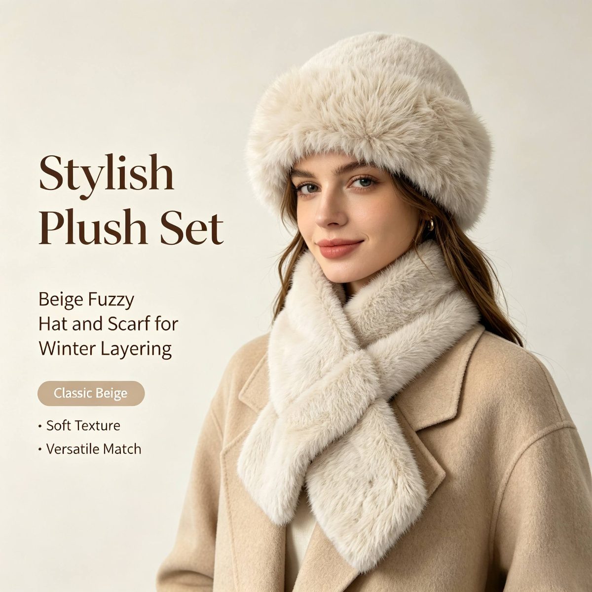 Cadeau de Noël pour femme, ensemble bonnet et écharpe imitation beige, kit d'accessoires doux, moelleux et pelucheux pour temps froid, couvre-chef et cou élégant et tendance pour costume d'Halloween, voyage en plein air, assortiment quotidien, cadeau de fête idéal pour les tenues d'hiver des femmes · photo 10