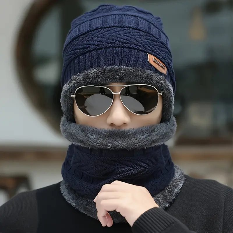 Ensemble Chapeau et Écharpe d'Hiver pour Homme, Tissu Polyester avec Doublure Peluche, Style Tendance et Cool - Matière Élastique, Lavable à la Main - Cadeau Idéal pour Thanksgiving et Noël (1 Ensemble) · photo 2