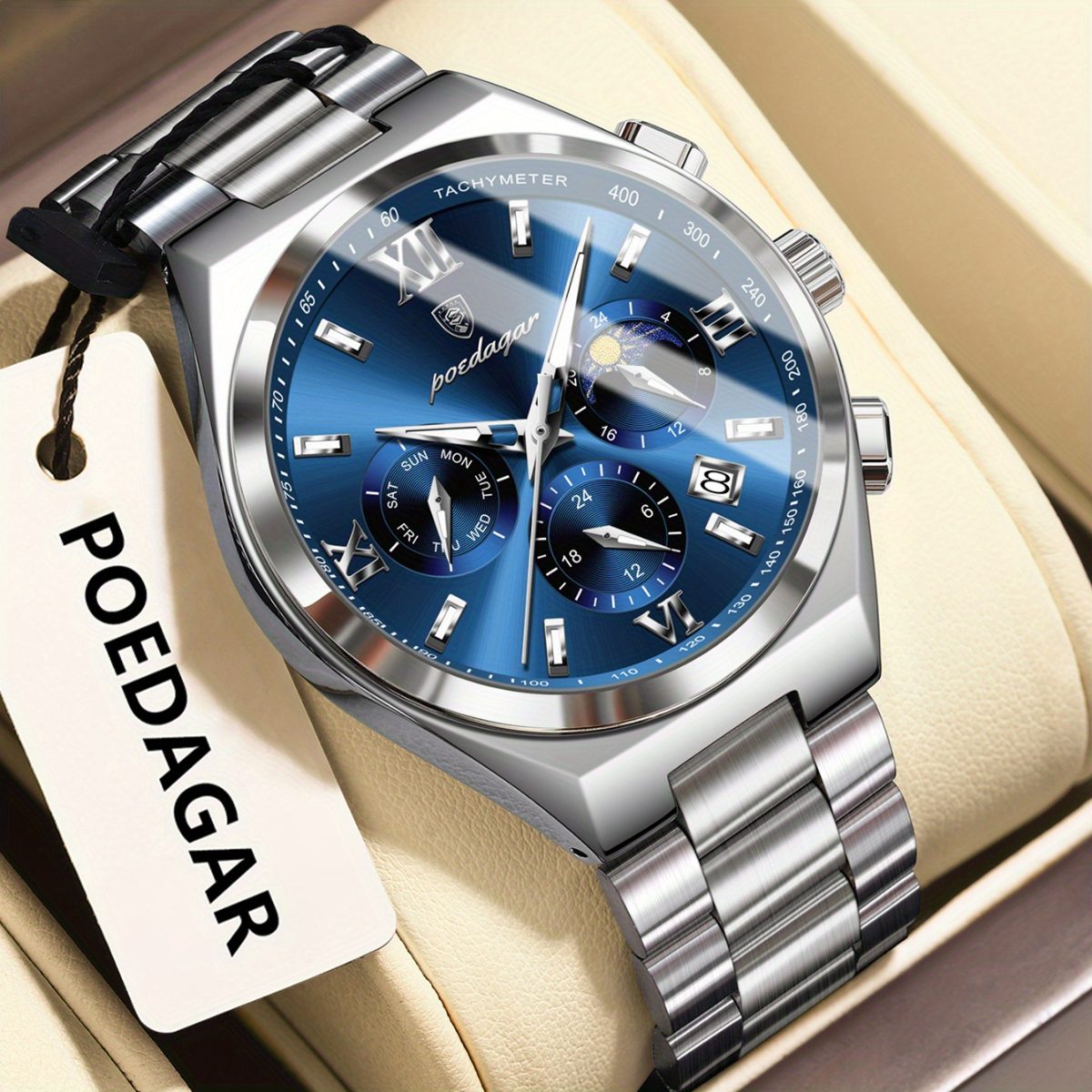 Montre d'affaires décontractée de luxe pour hommes avec date et chronographe, boîtier et cadran en acier inoxydable - Résistance à l'eau 3 ATM, mouvement à quartz, cadran et aiguilles dorées · photo 3