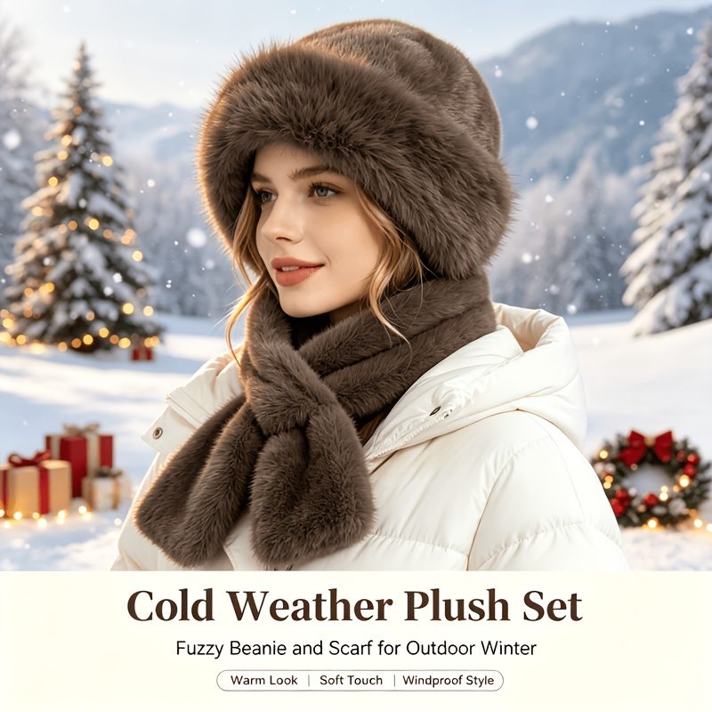 Cadeau de Noël pour femme, ensemble bonnet et écharpe imitation beige, kit d'accessoires doux, moelleux et pelucheux pour temps froid, couvre-chef et cou élégant et tendance pour costume d'Halloween, voyage en plein air, assortiment quotidien, cadeau de fête idéal pour les tenues d'hiver des femmes · photo 3