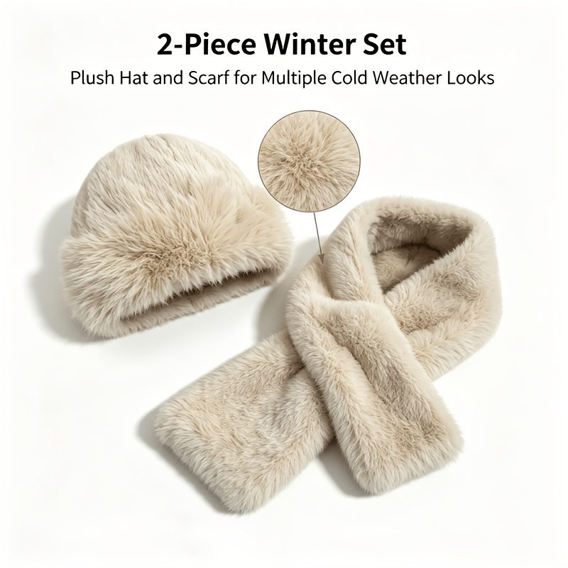 Cadeau de Noël pour femme, ensemble bonnet et écharpe imitation beige, kit d'accessoires doux, moelleux et pelucheux pour temps froid, couvre-chef et cou élégant et tendance pour costume d'Halloween, voyage en plein air, assortiment quotidien, cadeau de fête idéal pour les tenues d'hiver des femmes · photo 7
