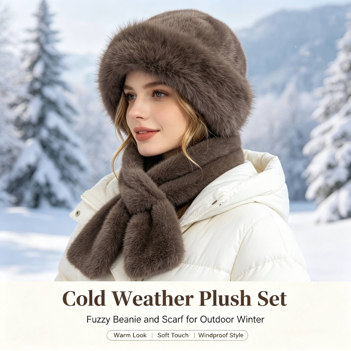 Cadeau de Noël pour femme, ensemble bonnet et écharpe imitation beige, kit d'accessoires doux, moelleux et pelucheux pour temps froid, couvre-chef et cou élégant et tendance pour costume d'Halloween, voyage en plein air, assortiment quotidien, cadeau de fête idéal pour les tenues d'hiver des femmes · photo 2