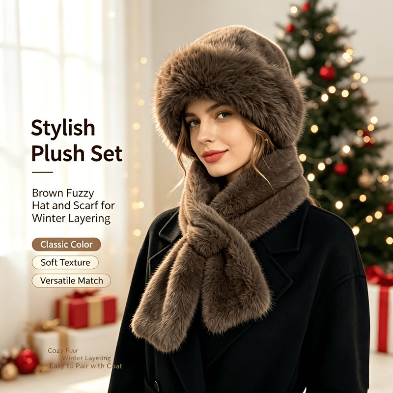 Cadeau de Noël pour femme, ensemble bonnet et écharpe imitation beige, kit d'accessoires doux, moelleux et pelucheux pour temps froid, couvre-chef et cou élégant et tendance pour costume d'Halloween, voyage en plein air, assortiment quotidien, cadeau de fête idéal pour les tenues d'hiver des femmes · photo 6