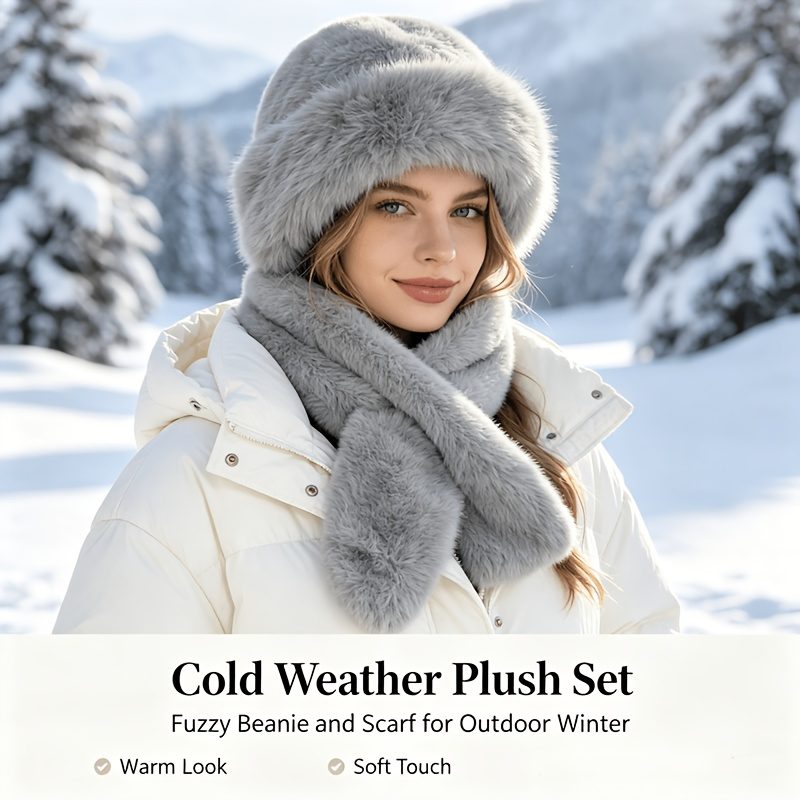 Cadeau de Noël pour femme, ensemble bonnet et écharpe imitation beige, kit d'accessoires doux, moelleux et pelucheux pour temps froid, couvre-chef et cou élégant et tendance pour costume d'Halloween, voyage en plein air, assortiment quotidien, cadeau de fête idéal pour les tenues d'hiver des femmes · photo 5
