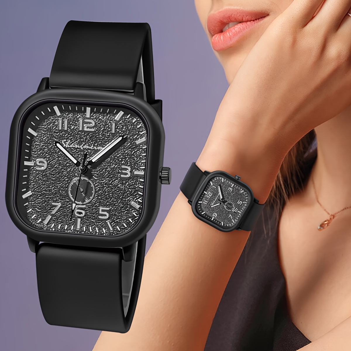 Montre à quartz carrée minimaliste, bracelet silicone · photo 3