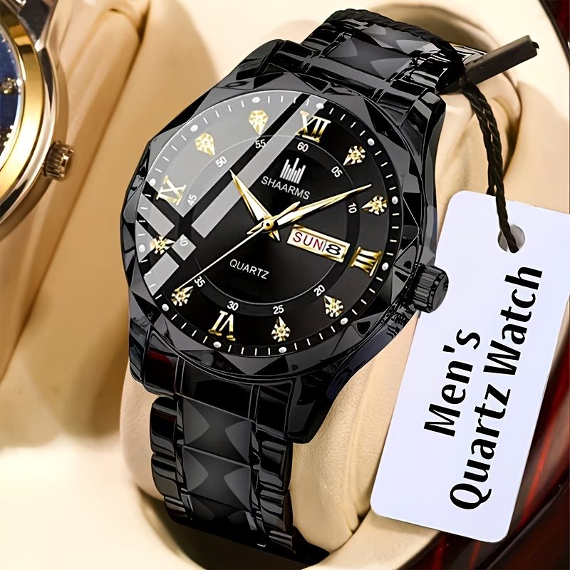 Montre d'affaires décontractée de luxe pour hommes avec date et chronographe, boîtier et cadran en acier inoxydable - Résistance à l'eau 3 ATM, mouvement à quartz, cadran et aiguilles dorées · photo 5