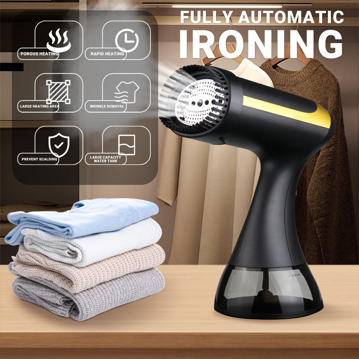 Défroisseur vapeur portatif à main 1100W, cordon de 1,5 mètre, suspension à vapeur avec brosse à tissu, vapeur de voyage, chauffage ultra-rapide, 18 minutes de vapeur continue, élimination puissante des plis, disponible en noir et blanc · photo 2