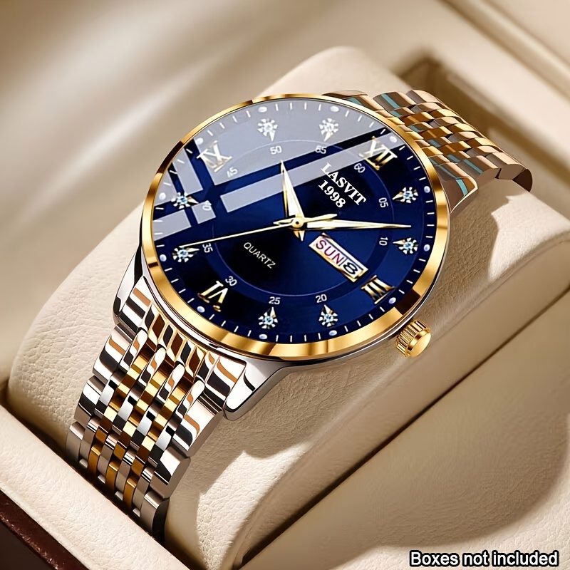 Montre d'affaires décontractée de luxe pour hommes avec date et chronographe, boîtier et cadran en acier inoxydable - Résistance à l'eau 3 ATM, mouvement à quartz, cadran et aiguilles dorées · photo 4