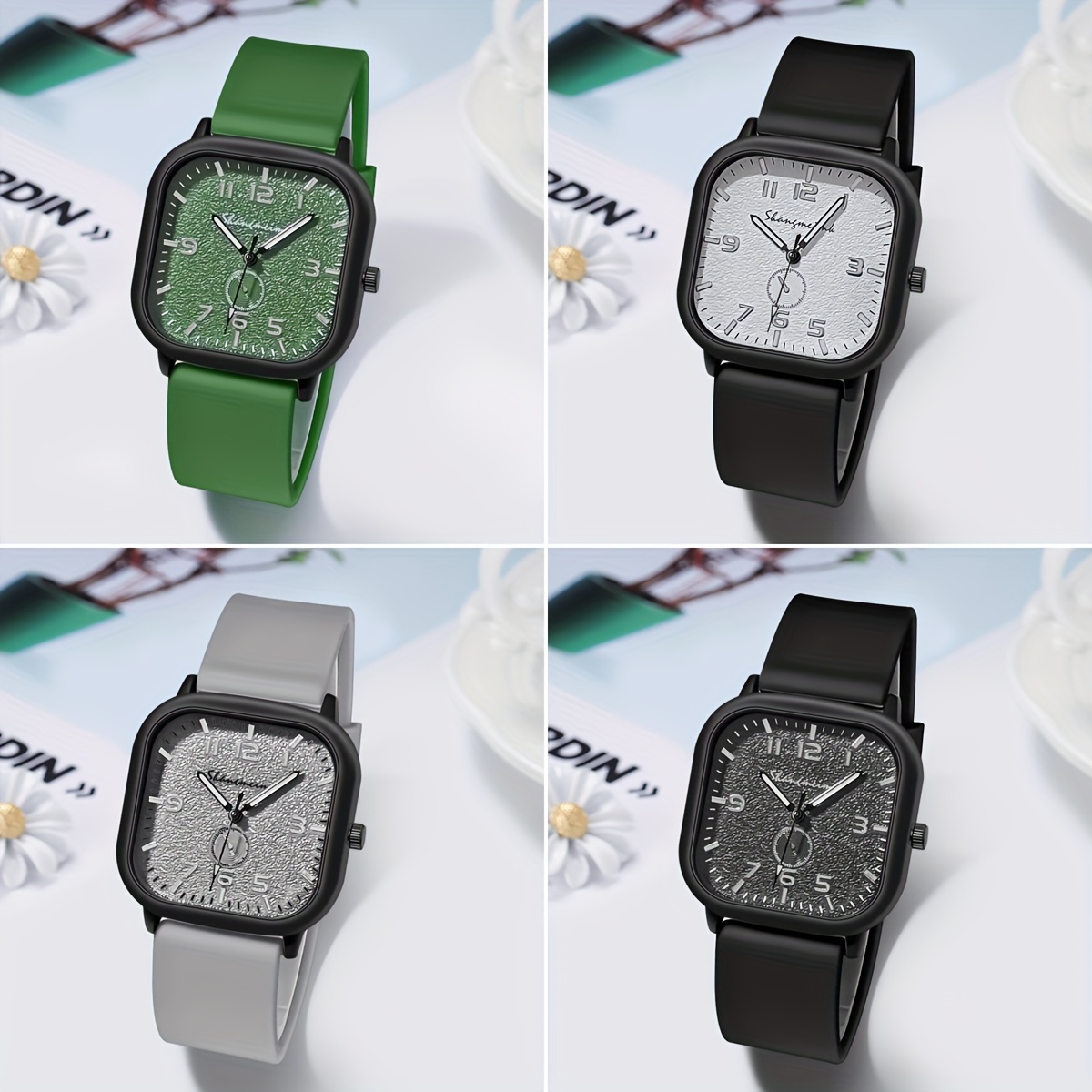 Montre à quartz carrée minimaliste, bracelet silicone · photo 8