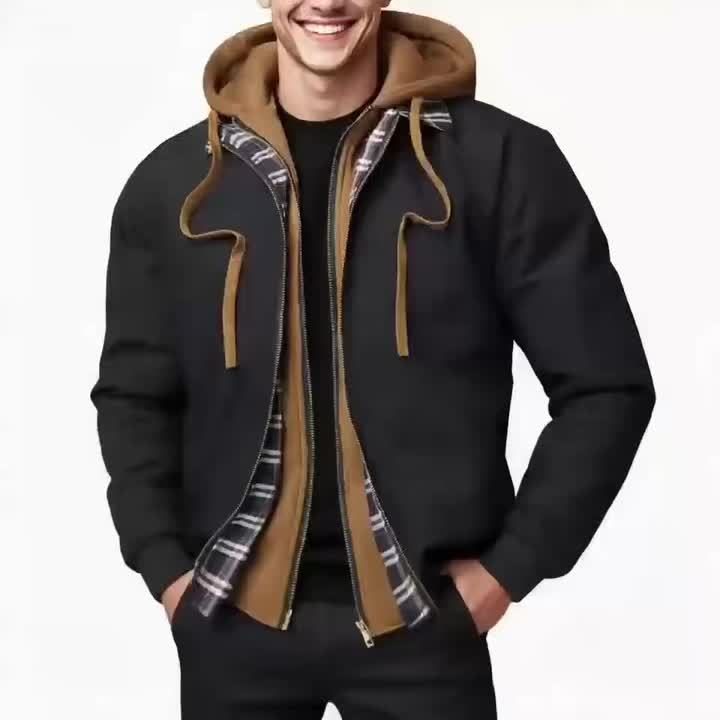 Veste à capuche zippée à carreaux pour homme, coupe ample décontractée, motif marron et à carreaux, capuche avec cordon, manches longues, doublée, idéale pour le printemps, l'automne et l'hiver, veste d'automne hiver, veste à motif carreaux, veste zippée · photo 2