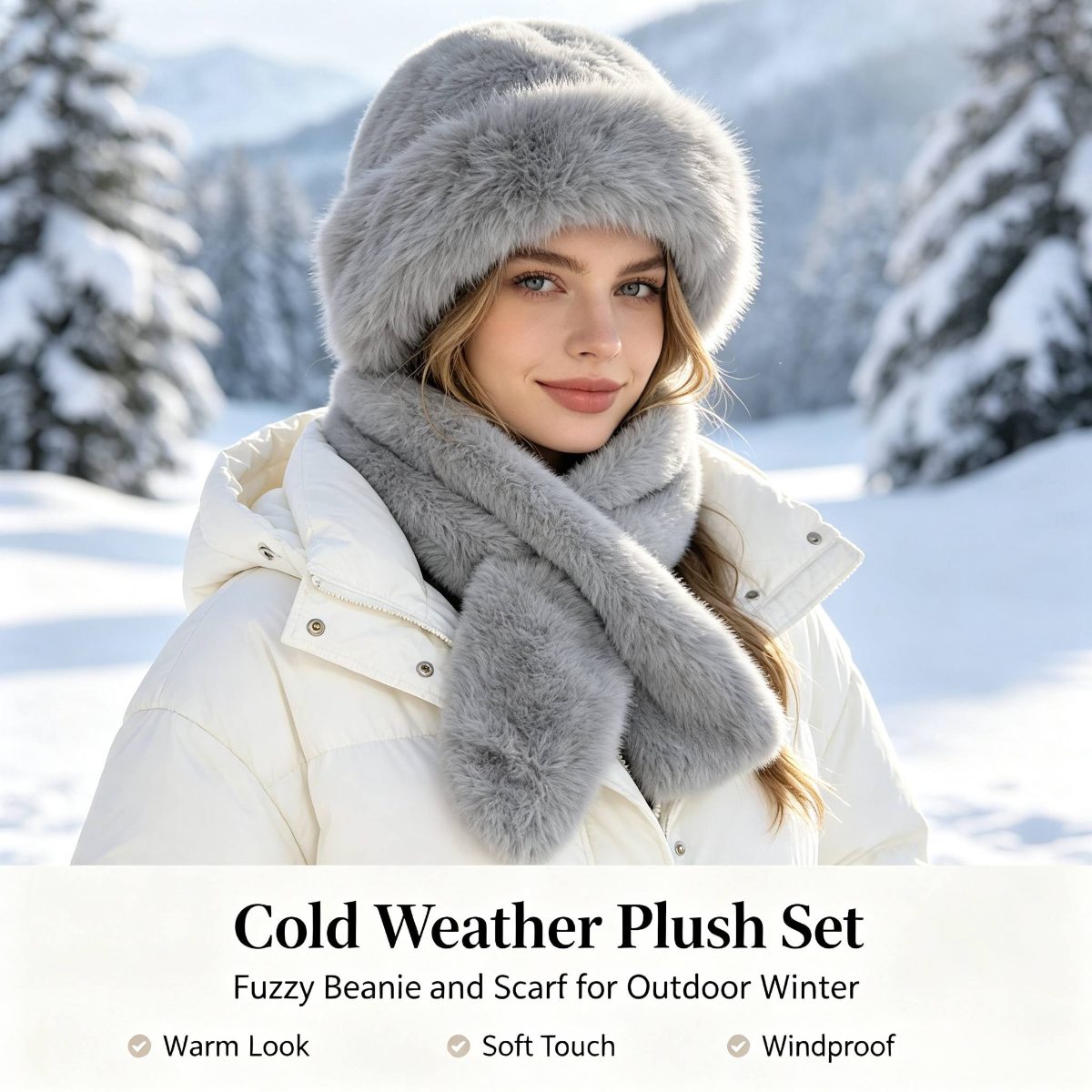 Cadeau de Noël pour femme, ensemble bonnet et écharpe imitation beige, kit d'accessoires doux, moelleux et pelucheux pour temps froid, couvre-chef et cou élégant et tendance pour costume d'Halloween, voyage en plein air, assortiment quotidien, cadeau de fête idéal pour les tenues d'hiver des femmes · photo 11